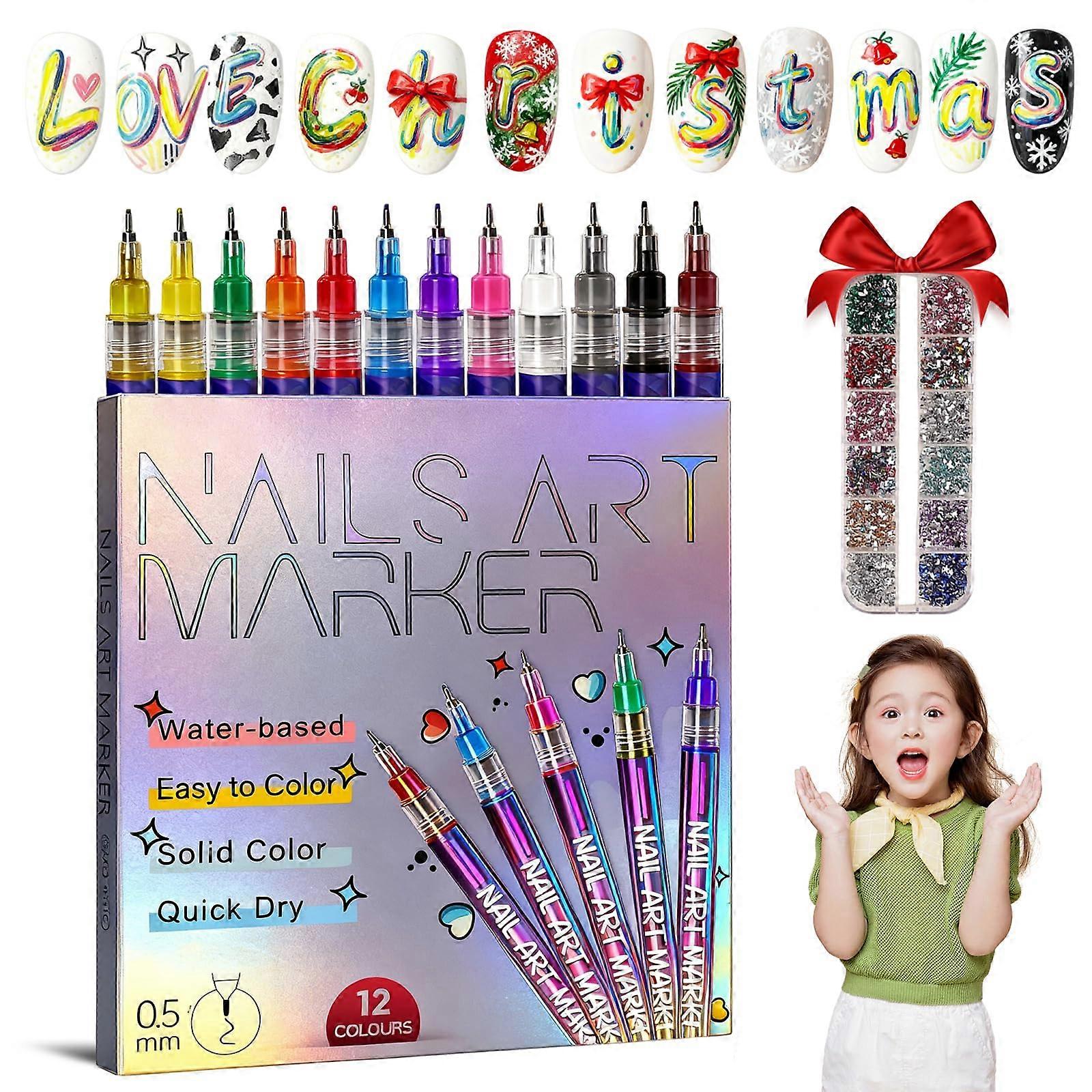 12 Colors Nail Art Pens Set with Precision Fine Tip, LongLasting QuickDry Acrylic Markers for DIY Designs