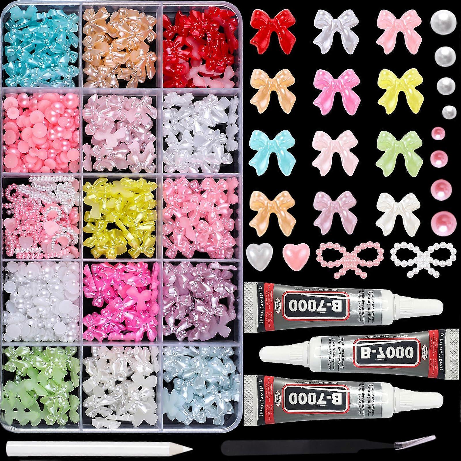 1000PCS Colorful Bow Charms for Nails with Flatback Pearls, 3D Bowknot Nail Art Kit and Glue Set