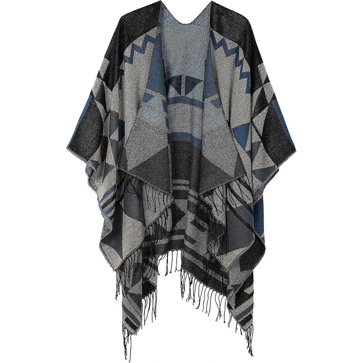 Women's Printed Cardigan Shawl with Front Fringe, Checkered Scarf with Puffed Corner Open Front with Wavy Shawl Wrap（Y0299）