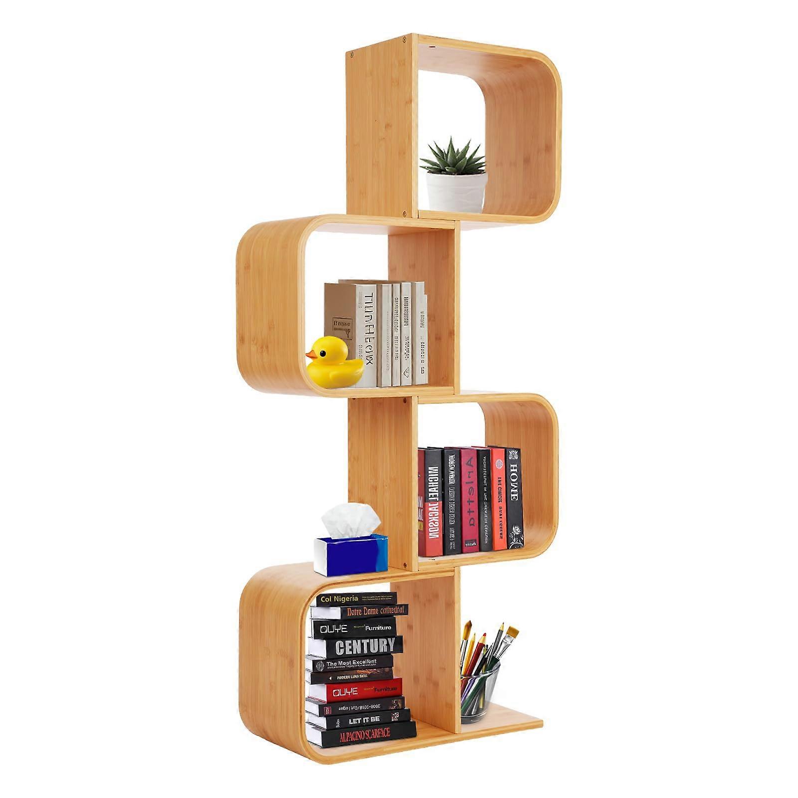 Bamboo Bookcase 4Tier SShaped Wooden Bookshelf SpaceSaving Display Shelf for Home Office