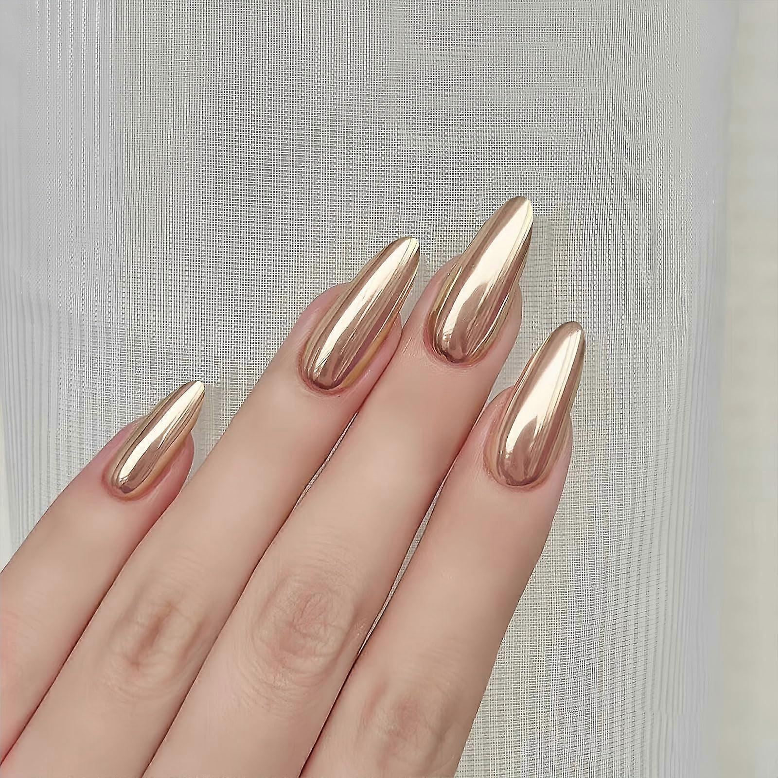 Press On Nails Light Gold Chrome Almond Shape Mirror Finish Reusable False Nails Set 24pcs