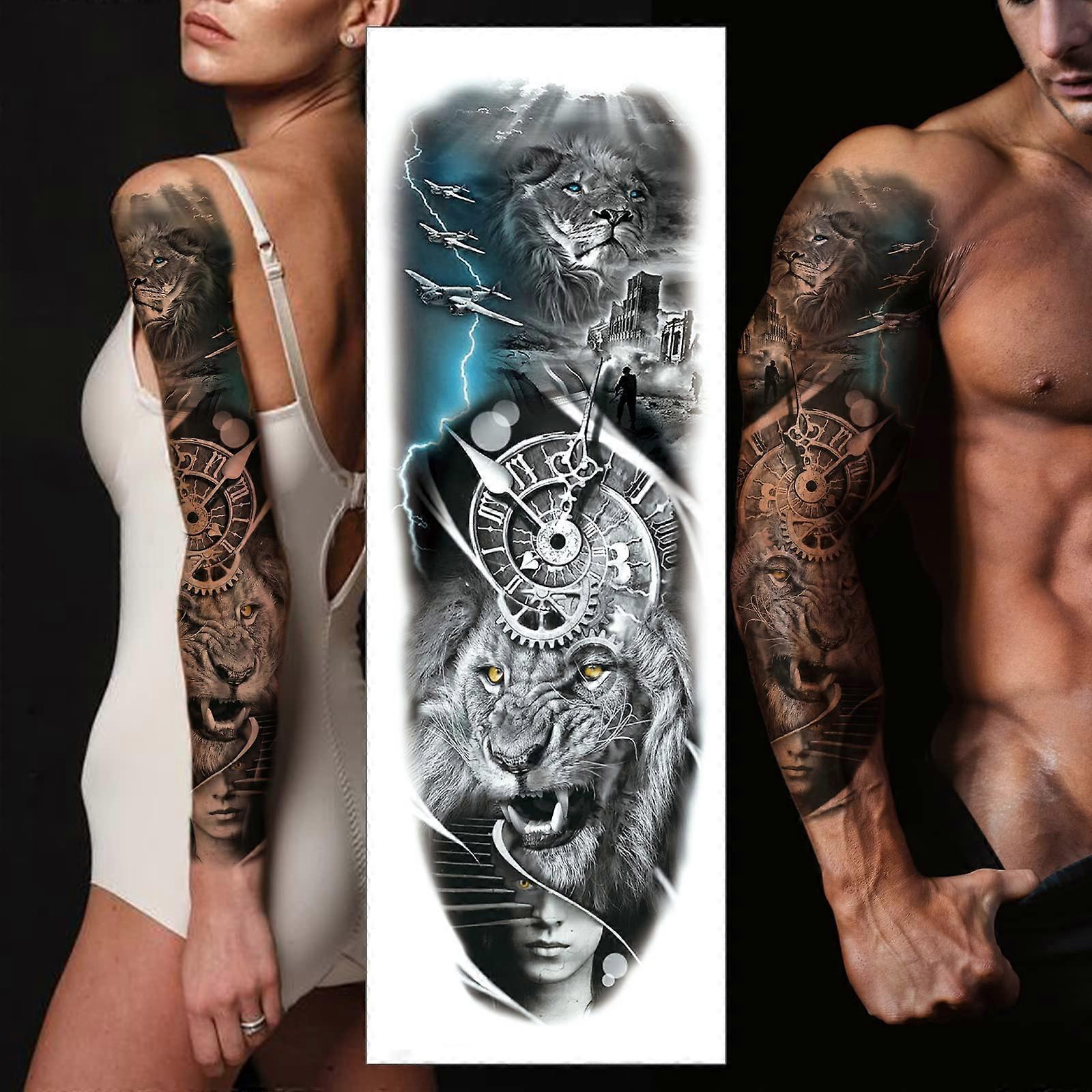 Temporary Sleeve Tattoo Full Arm Coverage Waterproof Realistic 3D Wolf Rose Clock Design