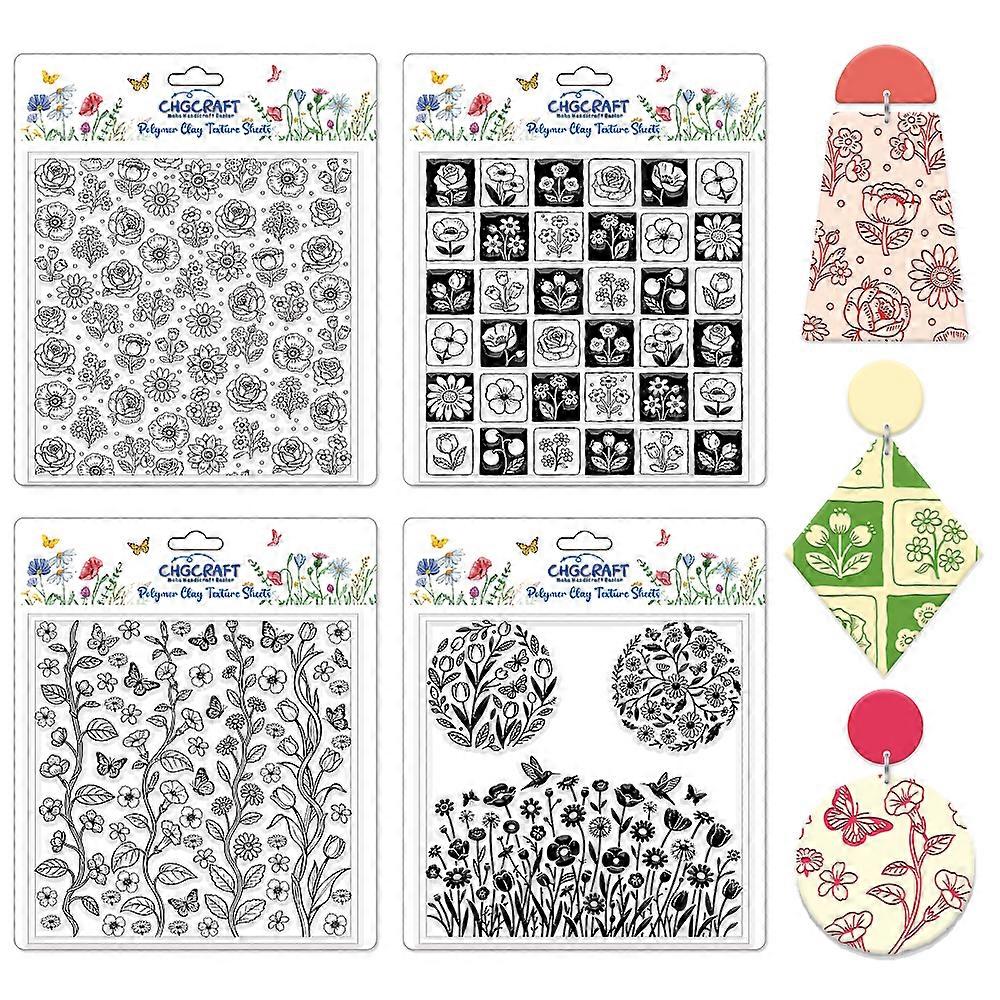 4 Sheets 4 Styles Wildflowers Polymer Clay Texture Sheets Bushes Silicone Texture Stamp Hummingbirds Modeling Pattern Pad Texture Sheets for Making Ea