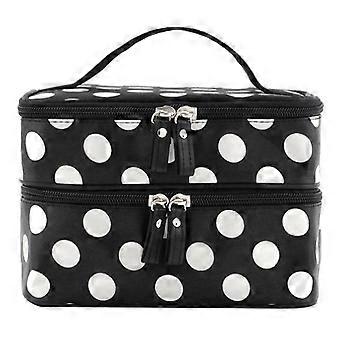Kleine Kosmetiktasche für Reisen, professionelles, zweilagiges Kosmetiktäschchen mit Spiegel und schwarzen/rosa gepunkteten Fächern für Kosmetikbürsten und Reisebürsten für Mädchen.