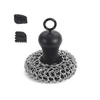 Cast Iron Chainmail Scrubber + Pan , Stainless Steel Skillet Cleaner, Tool For Cast Iron Pans Black