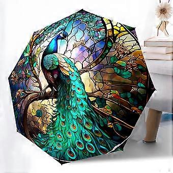 1pc Peacock, feathers pattern Umbrella Portable Folding Umbrella Iron Frame Hole Bone Structure Outdoor Home Umbrella