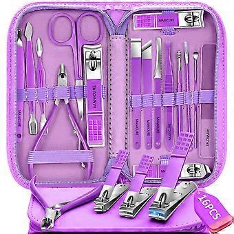 Professional Stainless Steel Manicure Pedicure Set 16 Pcs Men's Grooming Kit with Precision Clippers and Travel Case (Purple)