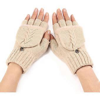 1 Pair Winter Warm Fingerless Gloves Acrylic Fiber Knitted Convertible Half Finger Mitten 2 in 1 Design Beige 180x120mm for Cold Weather Outdoor