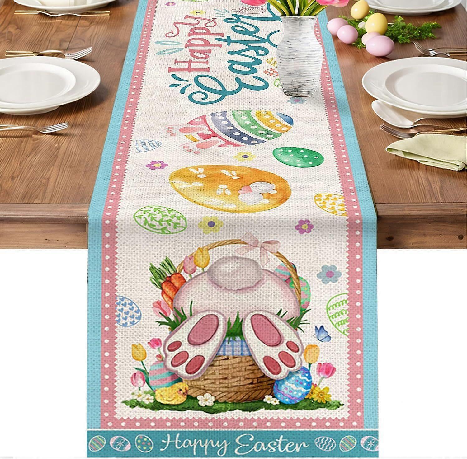 Easter Table Runner 72 Inch Long, Rabbits Eggs Easter Table Runners for Kitchen