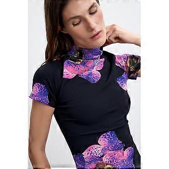 Desigual Orchid Large Purple Flower Ribbed Short Sleeve Top 26WWTK04