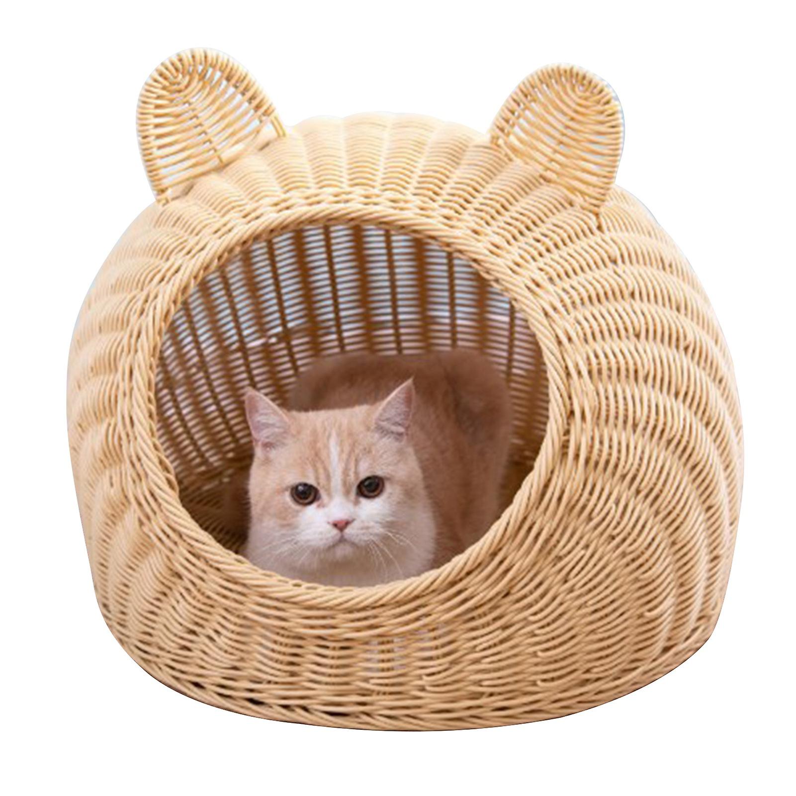 Panier pour chat en rotin tressé à la main, mignon, oreilles de chat, respirant, lavable, semi-fermé, pour intérieur, 45 x 45 cm, beige