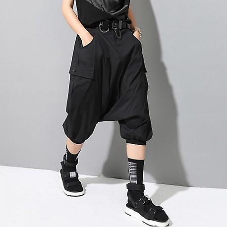 High Elastic Waist Loose Black Pocket Split Joint Harem Pants