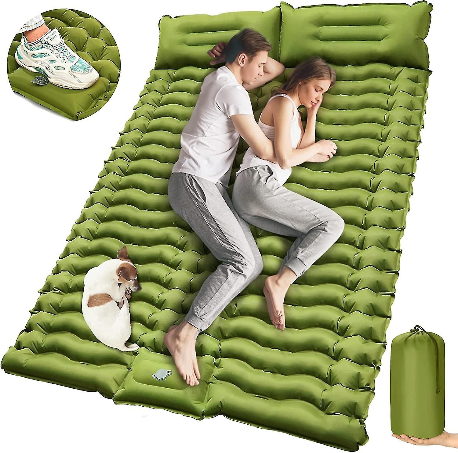 Double Camping Sleeping Pad With Built-in Foot Pump And Pillows Thick Inflatable 2 Person Portable C
