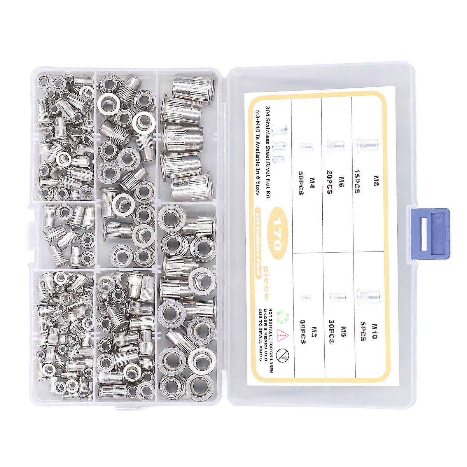 170pcs M3-M10 304 Stainless Steel Flat Head Threaded Rivet Nuts