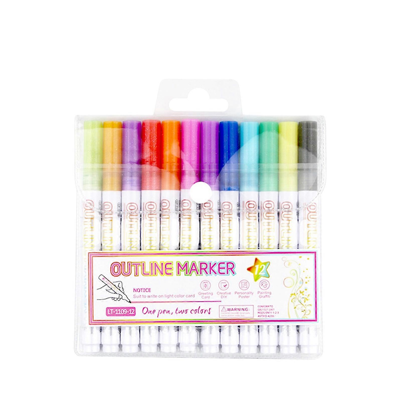Marker Pen For Highlight, New Double Line Self-outline Marker Pen Set Glitter Gel Markers, Colorful Markers Art Pens For Drawing, Greetin Holiday Orna