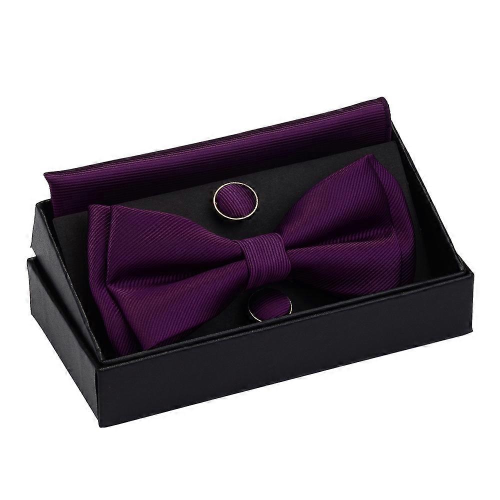 Gusleson Quality Bowties For Wedding Mens Solid Color Two Layer Pre-tied Bow Tie And Pocket Square Cufflinks Set With Gift Box