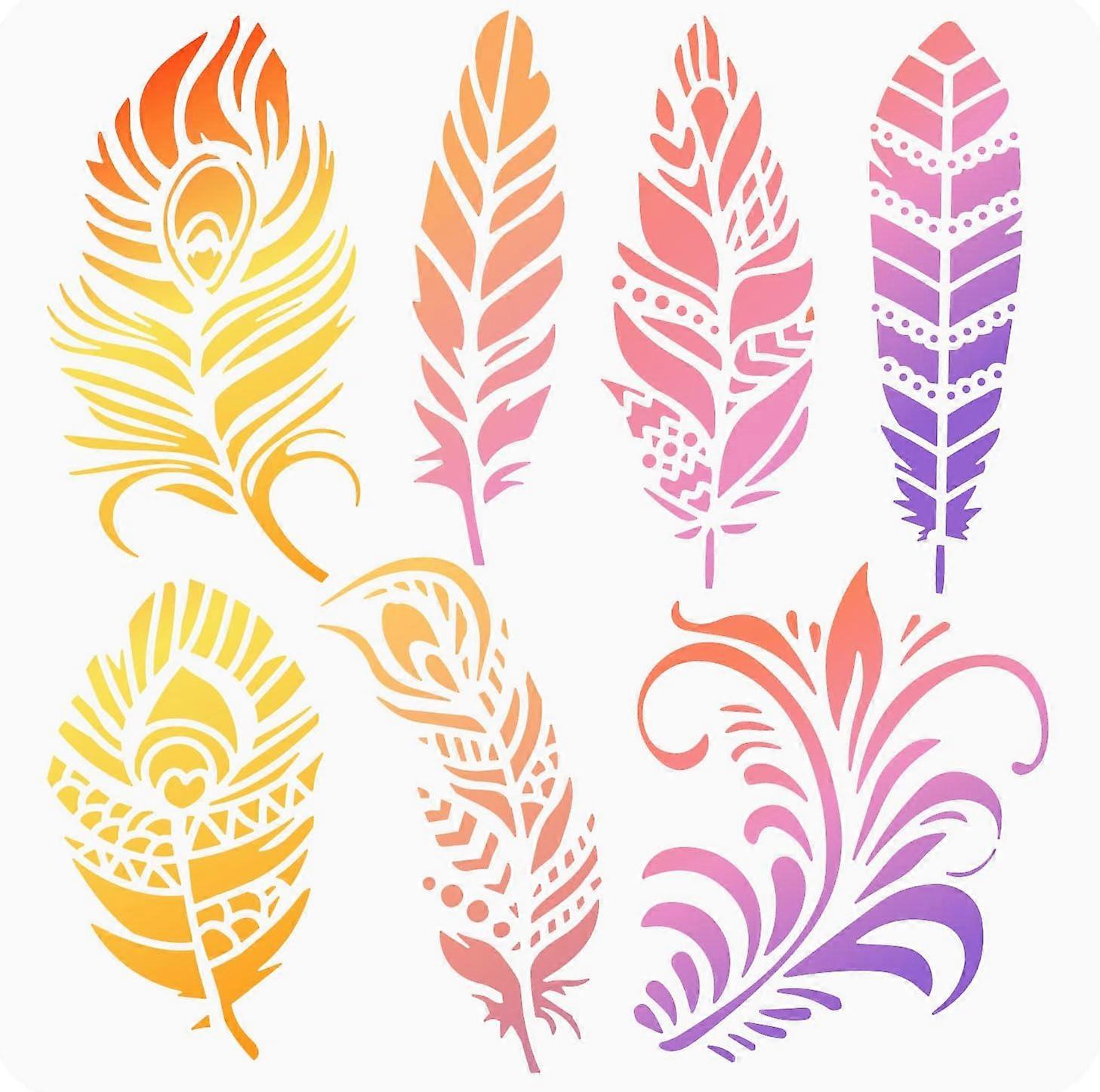 Mandala Feather Painting Stencil 11.8x11.8 inch Hollow Out Indian Feather Craft Stencil Reusable Plastic 7 Style Feather Stencil Template for DIY Scra