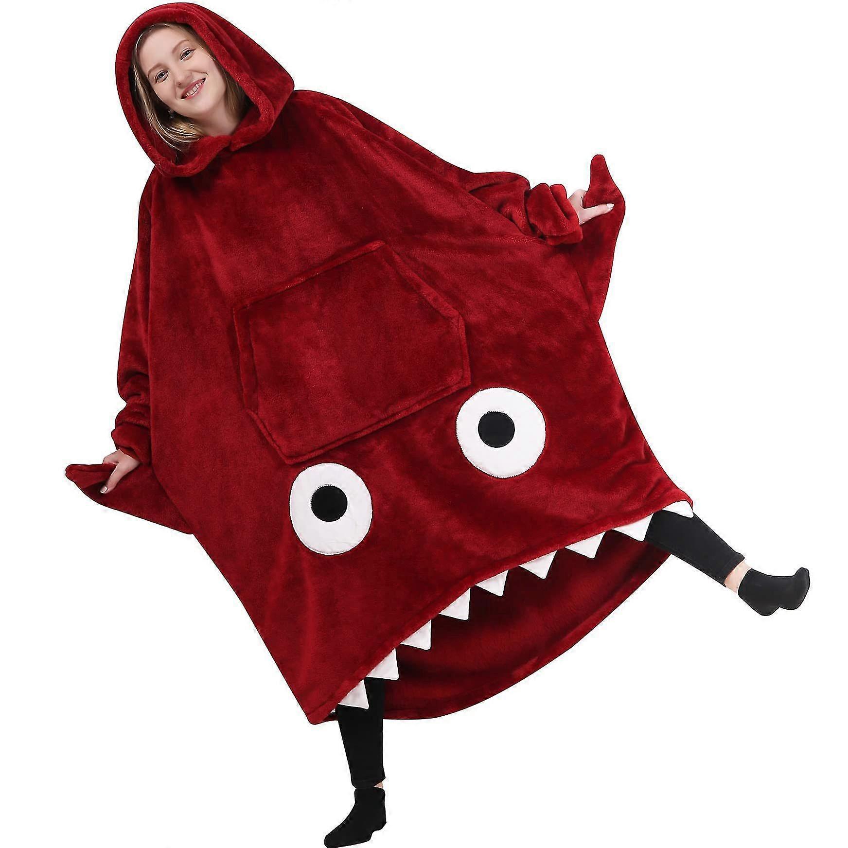 The Cool And Comfy Fleece Oversized Blanket Hoodie - Shark - Red