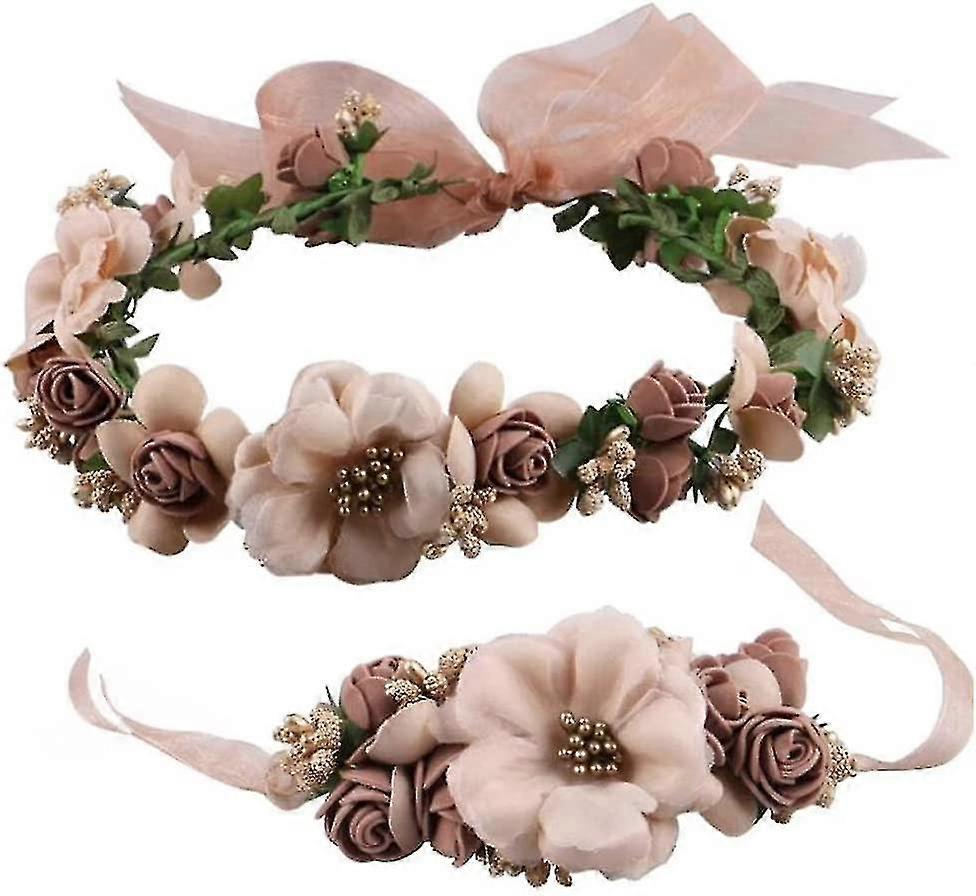 Adjustable Wedding Flower Headband Garland With Floral Wrist Band Hair Wreath Crown Decoration
