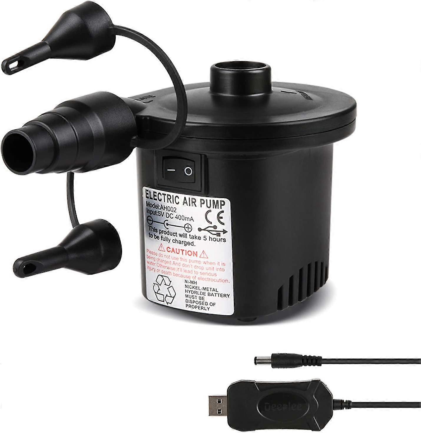 electric air pump, rechargeable,quick to inflate/deflate 3 tips and 5v usb adapter included