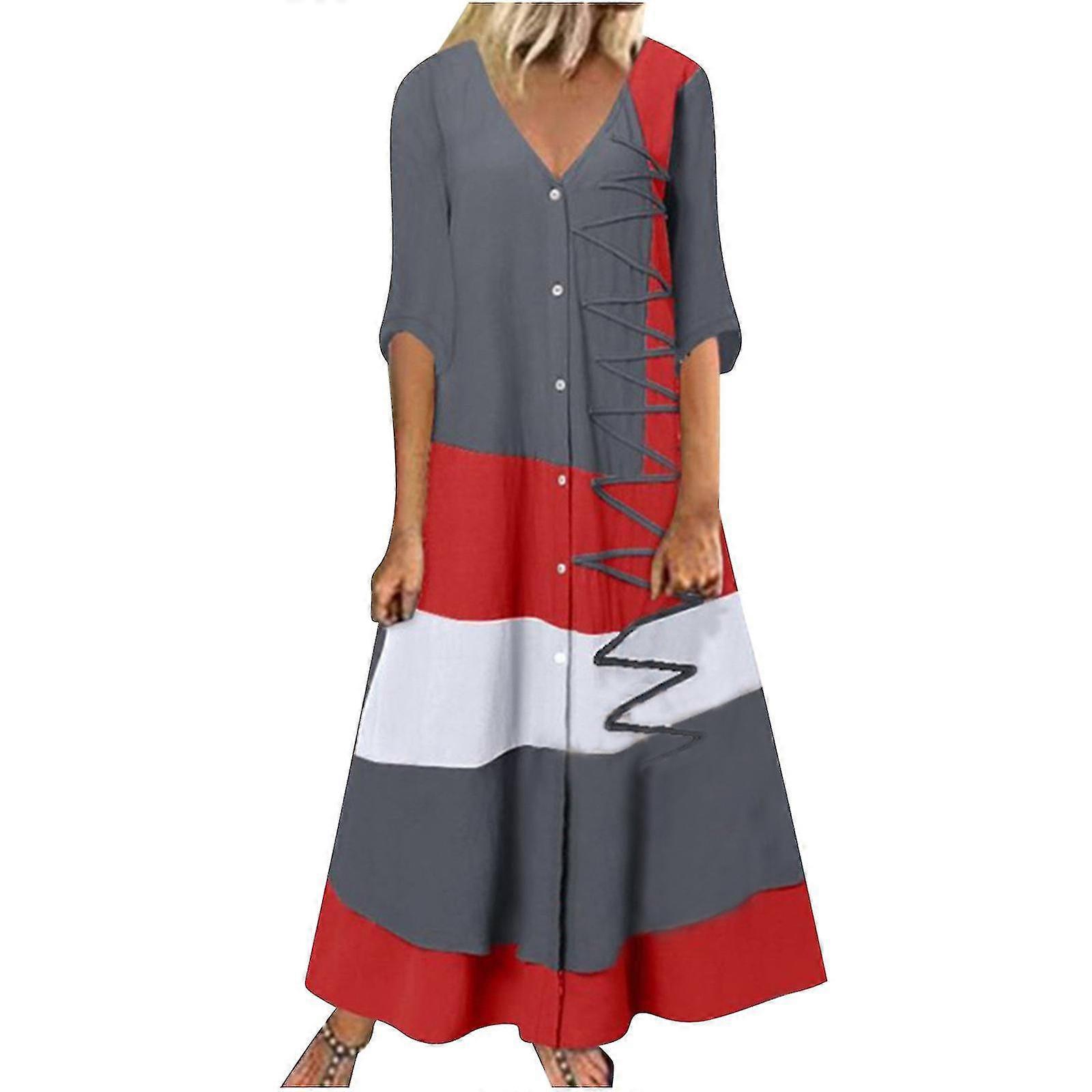 Mode Femmes Casual Manches Courtes V-col Bouton Print Maxi Robe Longue Lâche