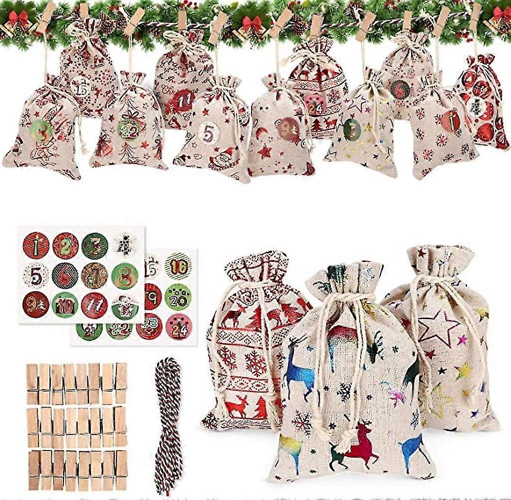 24クリスマスカレンダーバッグバーラップハンギングアドベントカレンダーガーランドキャンディギフトギフトバッグDIYカウントダウン