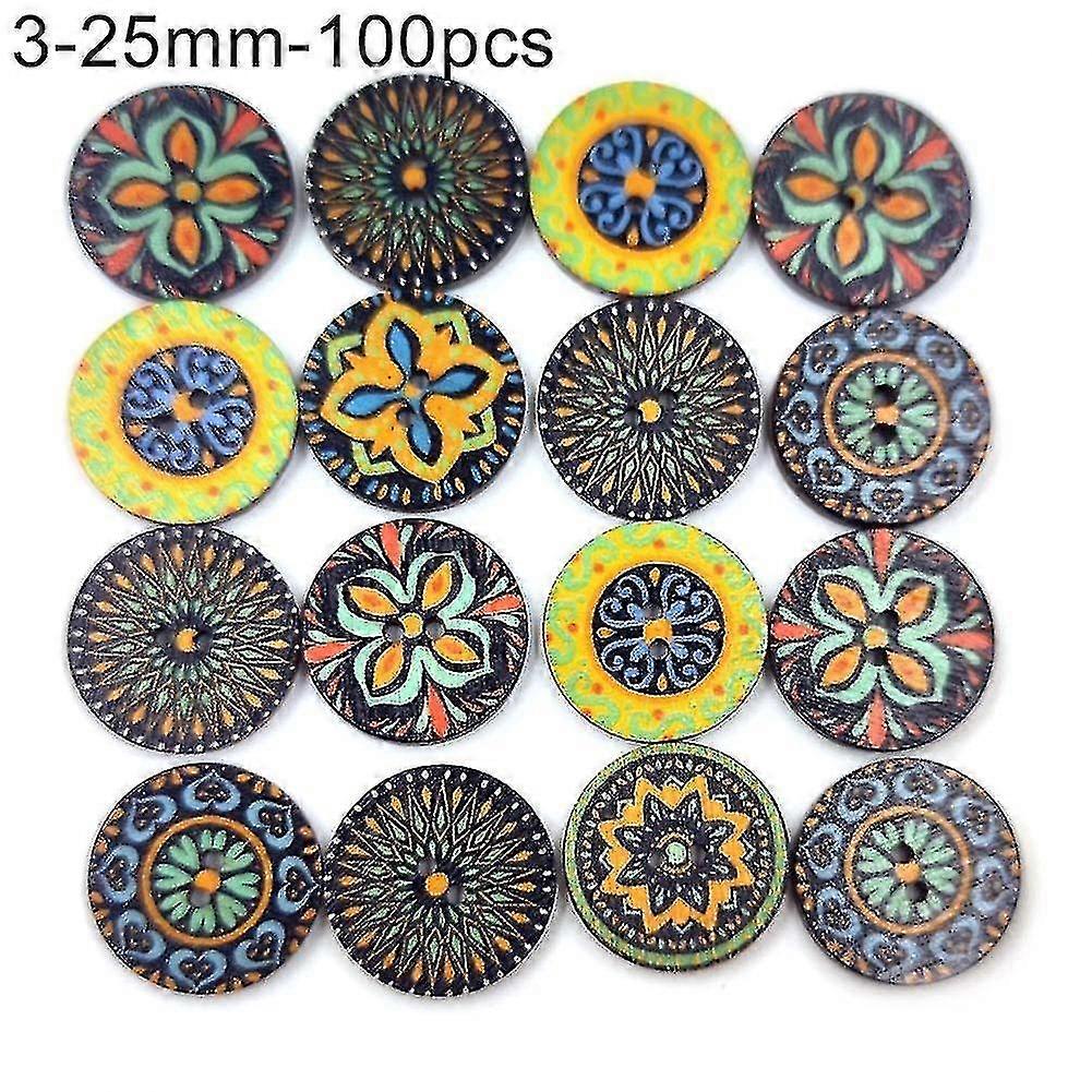 100 Pcs Bohemian Style Retro Pattern Round Shape Wooden Buttons Clothing Decor