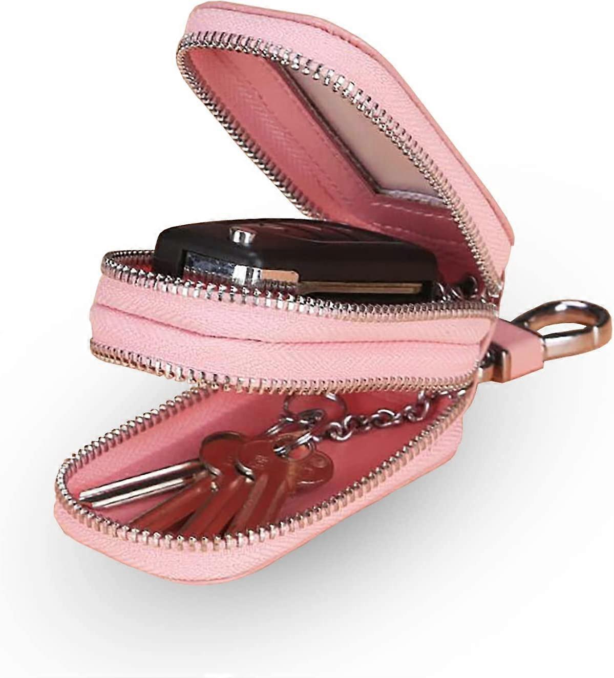 Pink Car Keychain Double Zipper Leather Keychain Keychain with Clear Window for Car Remote Control