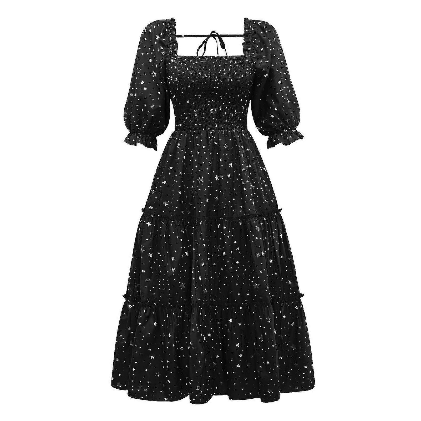 Women'S Star Print Square Neck Gathered Short Puff Sleeve Ruffle Hem Casual Midi Dress 1 Piece Black