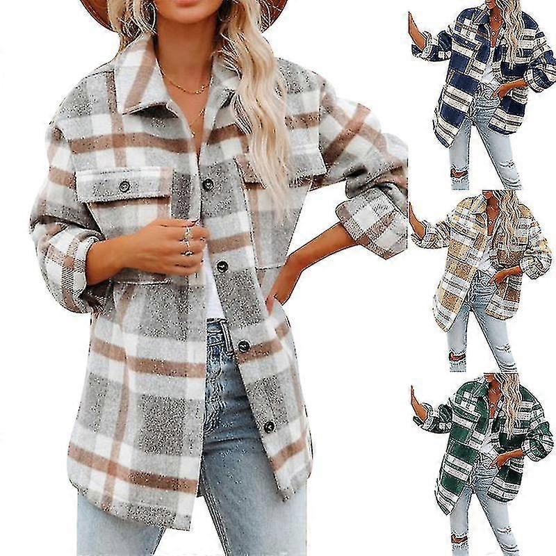 Flanellpläd jacka för kvinnor Långärmad knapp Down Skjortor Coats Shacket