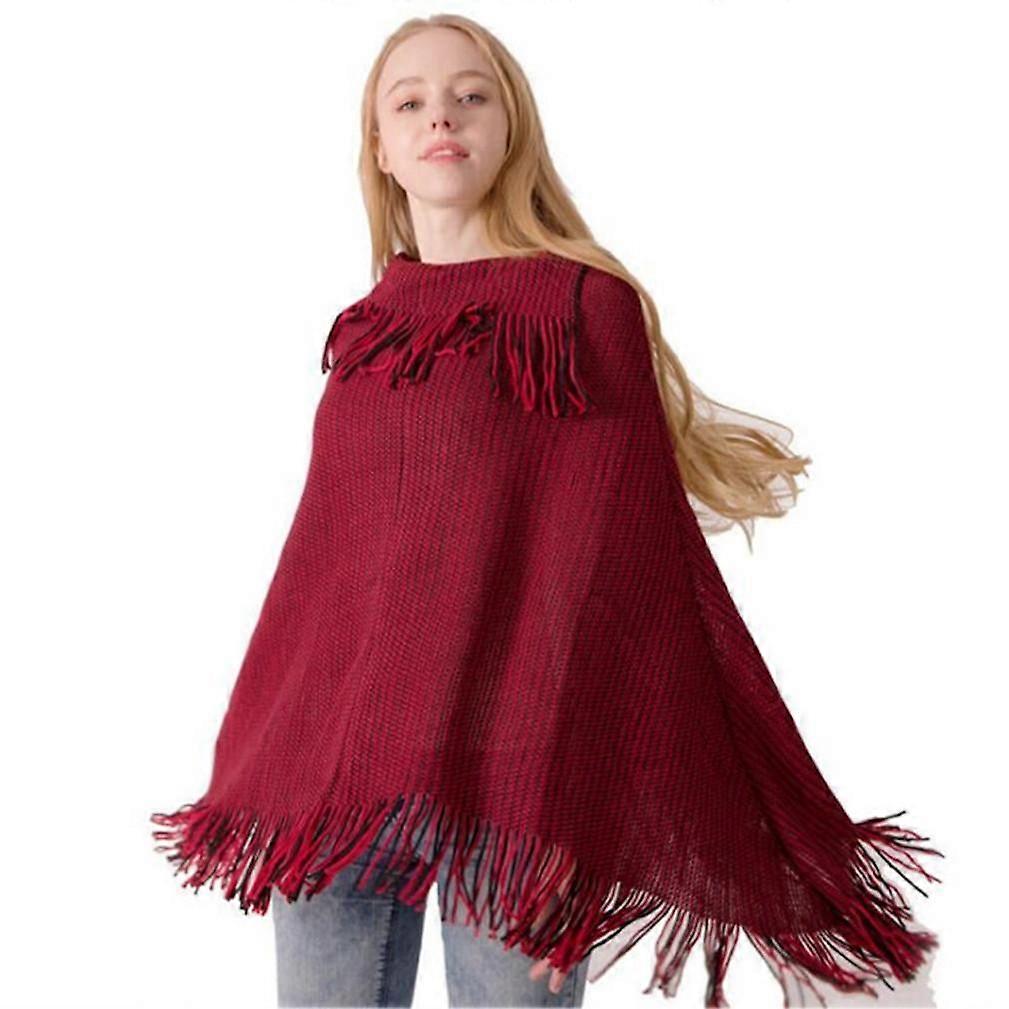 Red Pullover Wrap Shawl with Tassel Knitting Batwing Sleeve with
