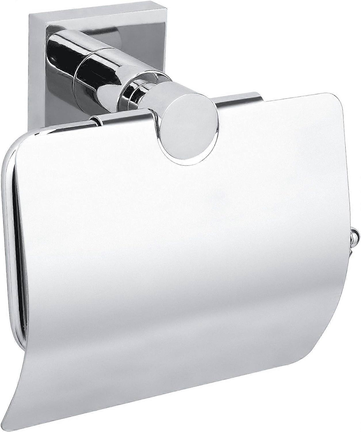 Toilet paper holder with lid, shiny chrome metal finish, adhesive, no-drill technology, 68 mm x 140 mm x 140 mm