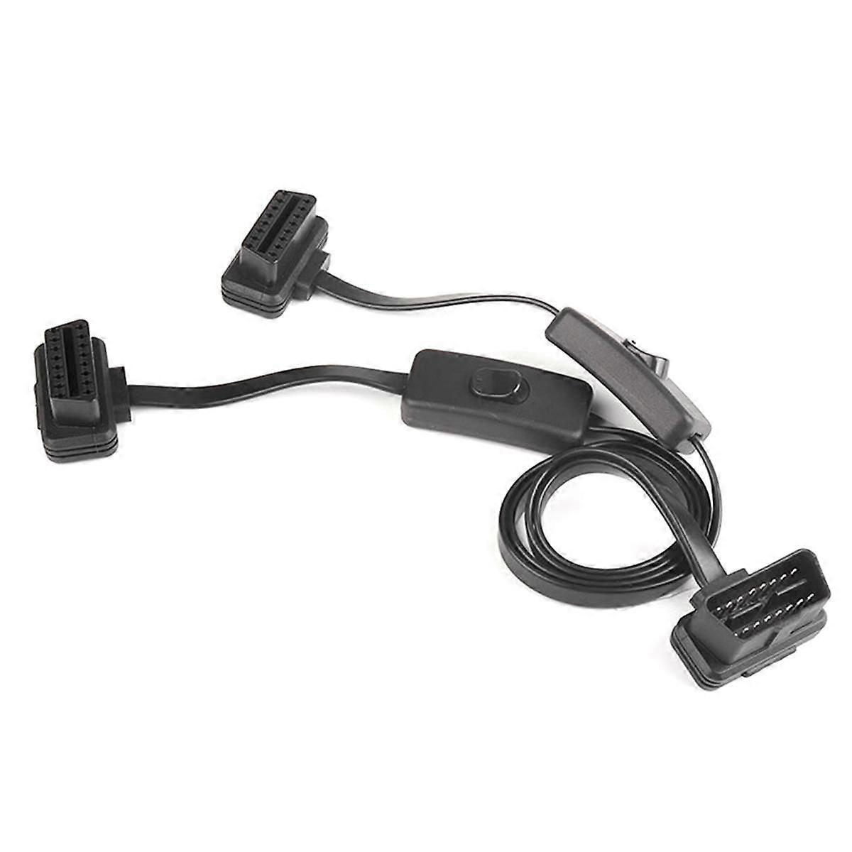 60CM Long OBD2 16Pin with Switch Extension Cable Flat Wire Adapter Auto 1 Male to 2 Female OBD 16 P