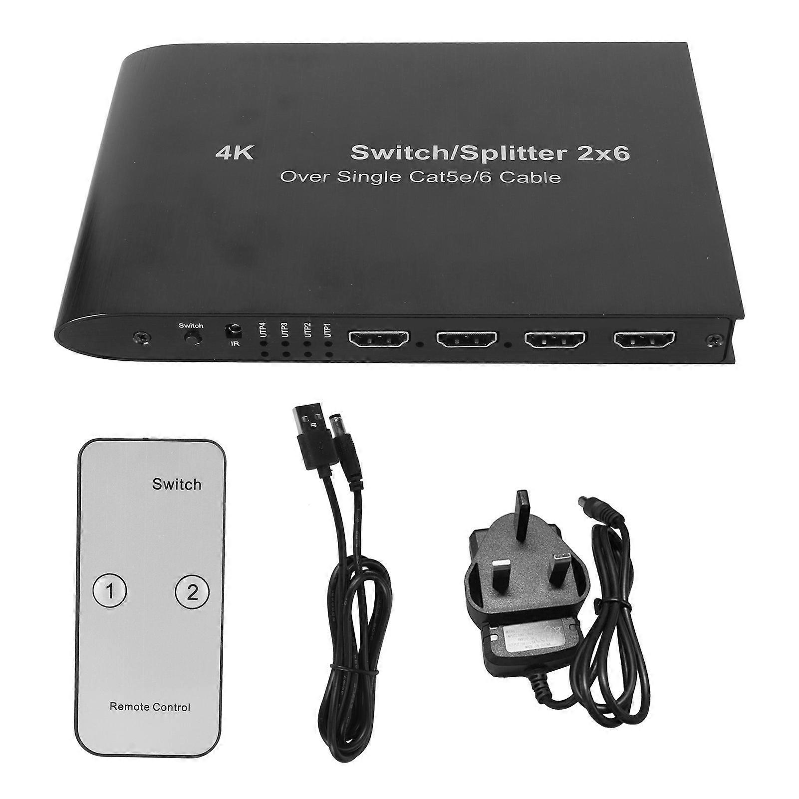 2x6 HDMI Switch 4K 3D HDR - Connect 2 Devices to 6 Displays, UK Plug, Sound Extraction