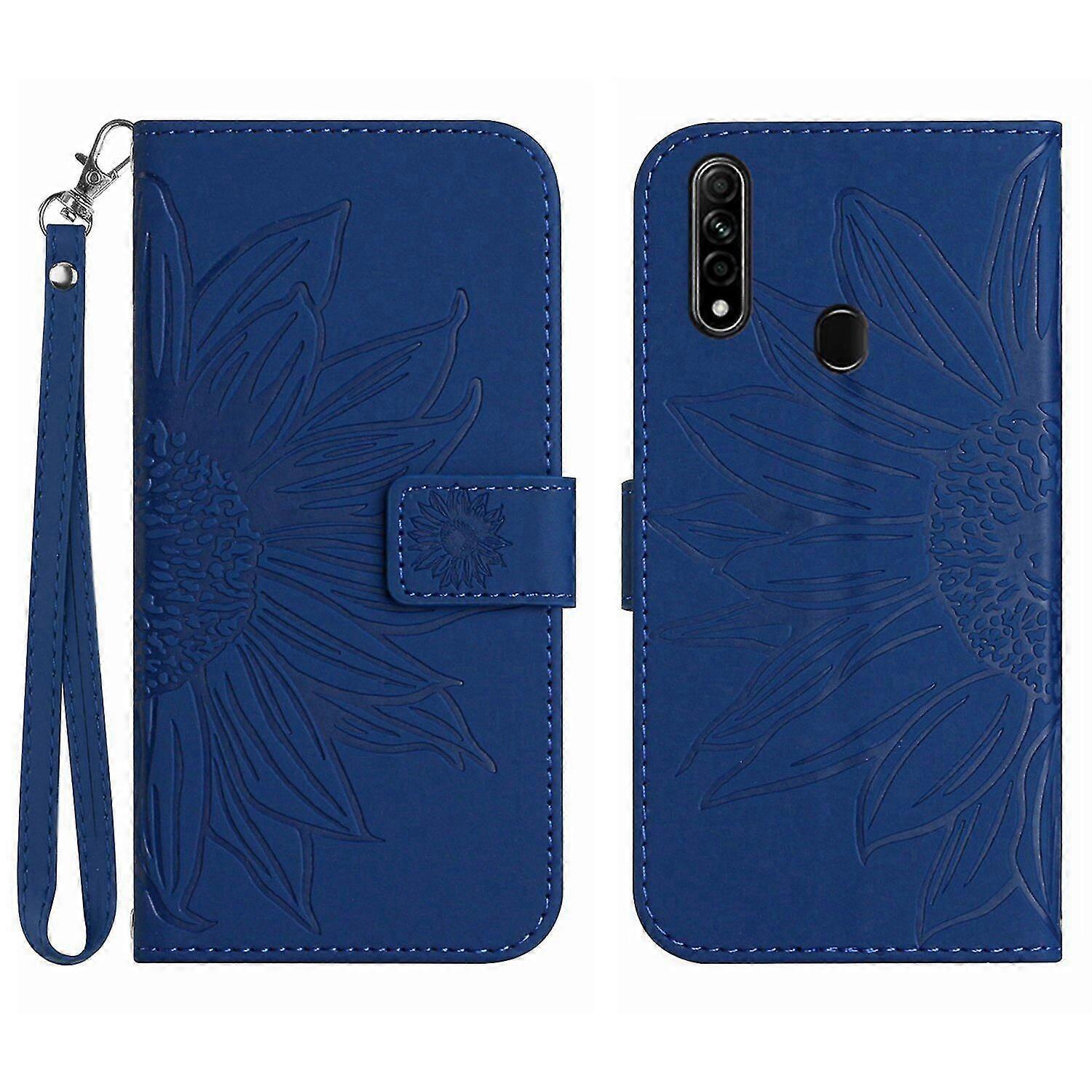 FLOODKING Compatible With OPPO A31 2020/A8 Embossed Sunflower Magnetic Card Holder Wallet Phone Case with Short Strap