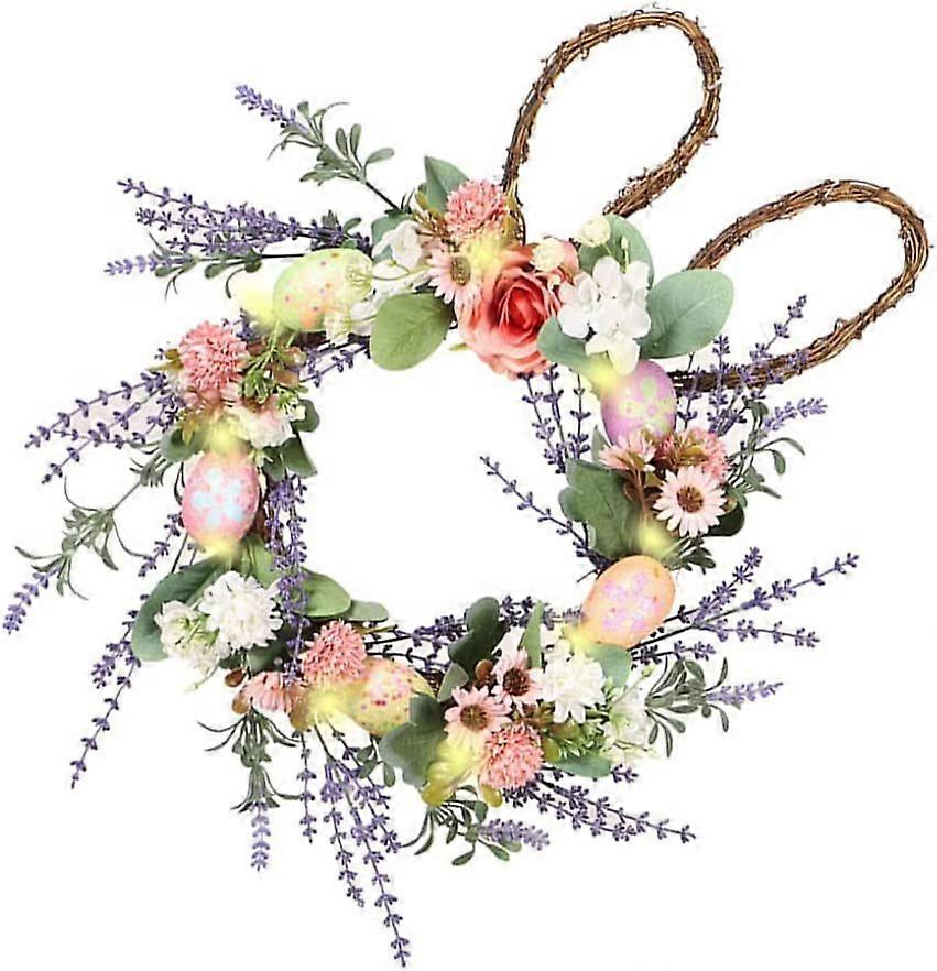 Easter Bunny Wreath with Lights Artificial Bunny Eggs Flowers Wreath Rattan Spring Front Door Wreath