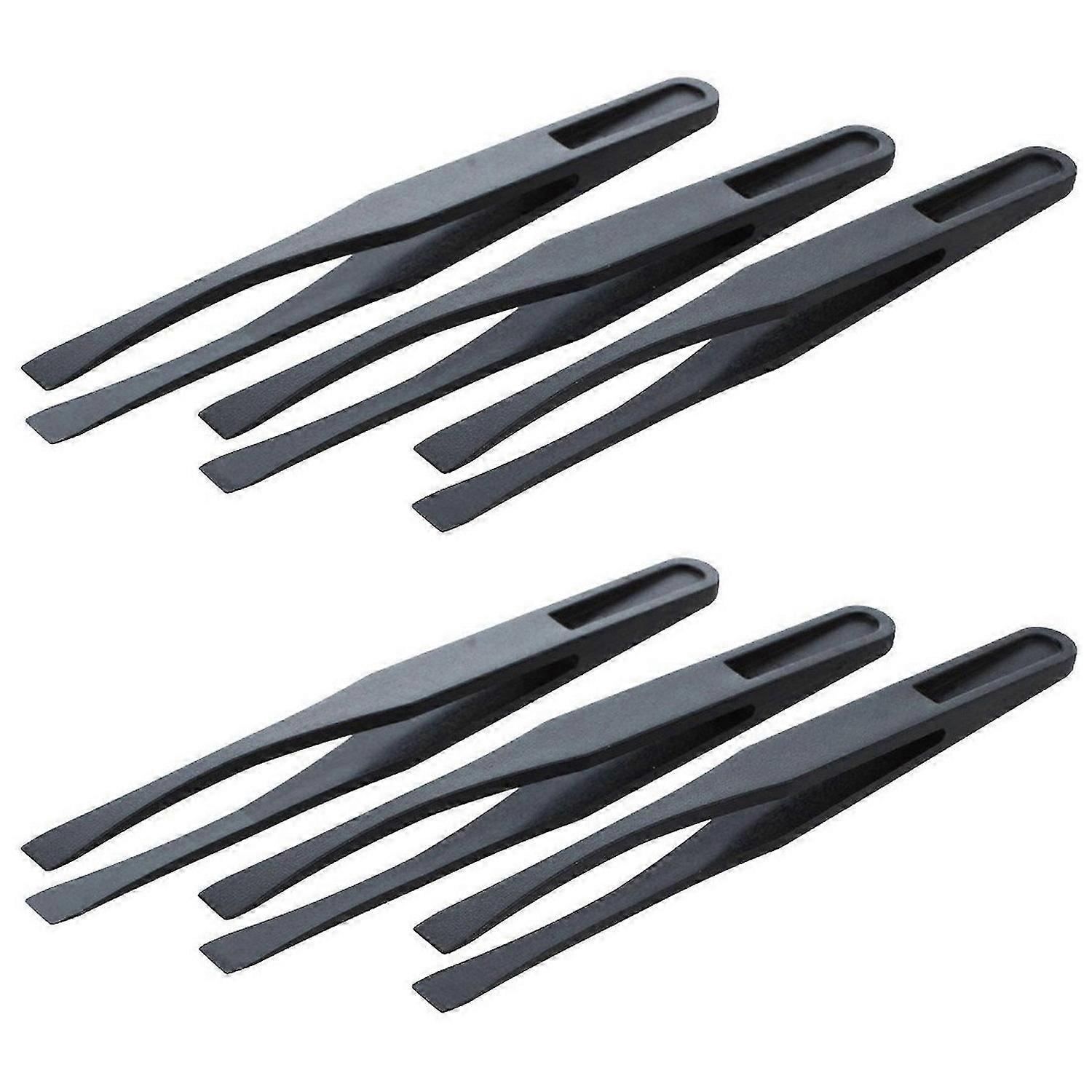 115mm Long Flat Tip Black Plastic Anti-Static Tweezers 6 Pcs