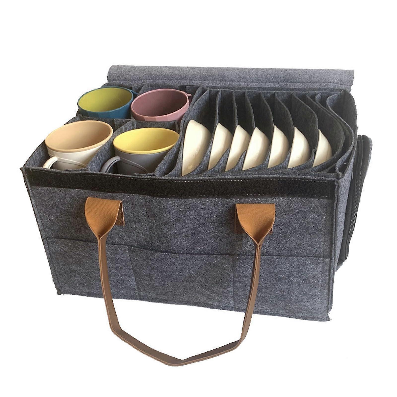 Caravan Plate Holder Felt Plate Cup Storage Box RV Plate Storage Box Multipurpose Camping Tableware Storage Felt Bag with Divider for RV Cupboard