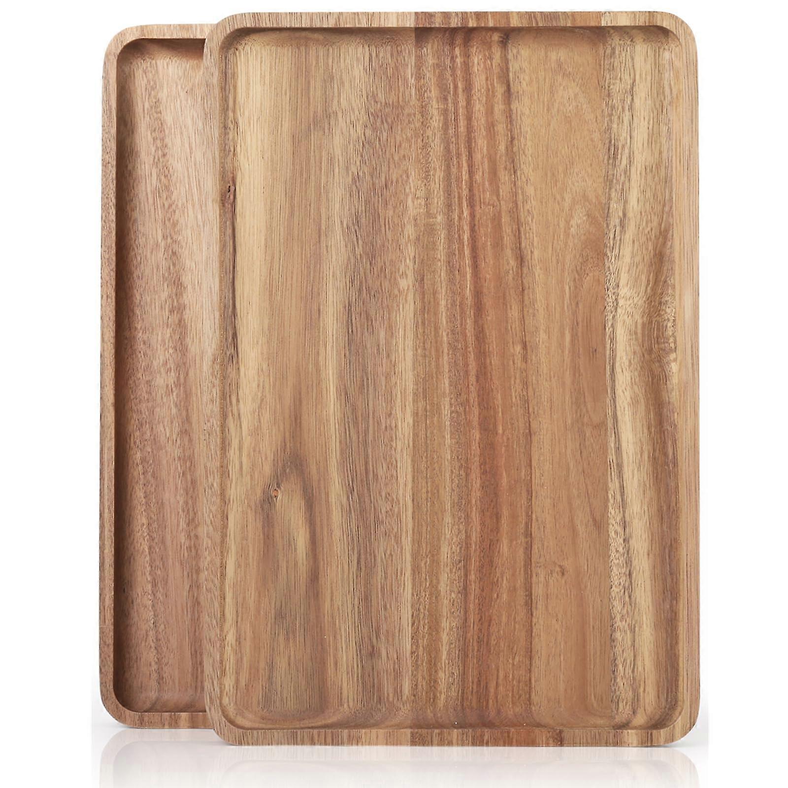 2 PCS Large Solid Wood Rectangular Natural Wooden Serving Trays for Bar Coffee Party 16 x 12 in