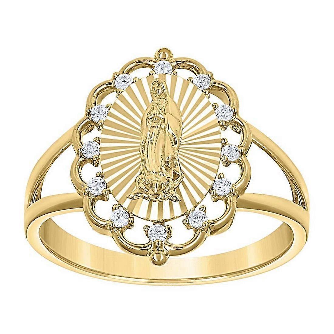 Bague religieuse Guadalupe en or jaune 14 carats pour femme, ornée d'une fleur en zircon cubique, largeur 16,2 x 3 mm.