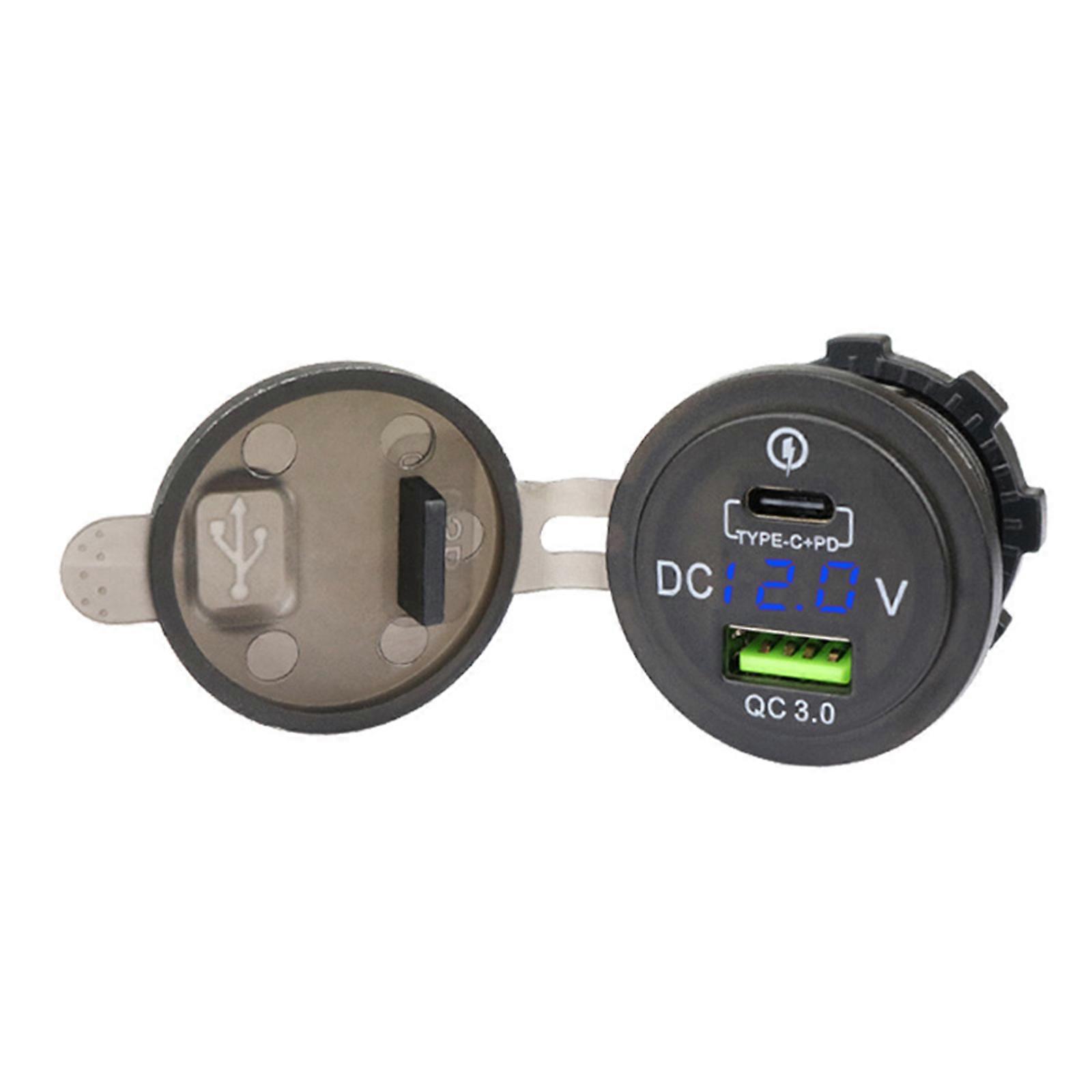 QC3.0 USB C Car Phone Charger for Motorcycle Type C PD Fast Power Charging Plug LED Voltmeter 12V-24V Input Waterproof  Blue