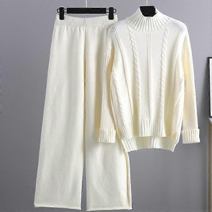 Women Loose Knitted Pants Set Half High Collar Sweater Wide Leg Pants Coordinates Fashion Clothes Autumn Winter Two Piece Set