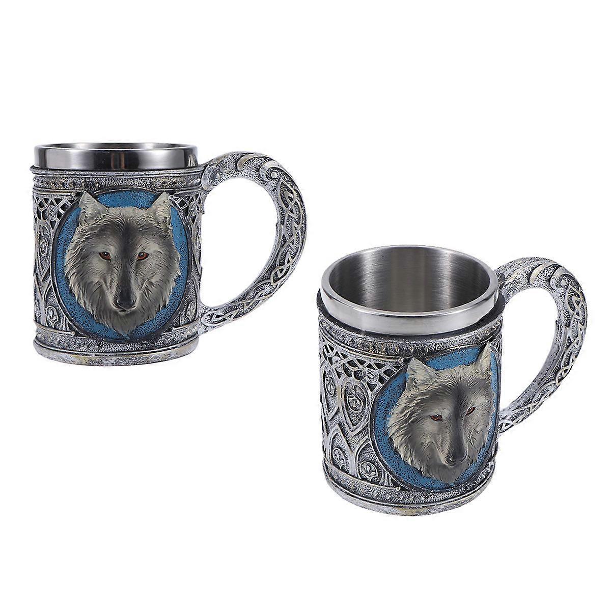 背の高いマグカップヴィンテージウルフヘッドパターンステンレス鋼は飲み物を家庭用450ml1セットを保持します