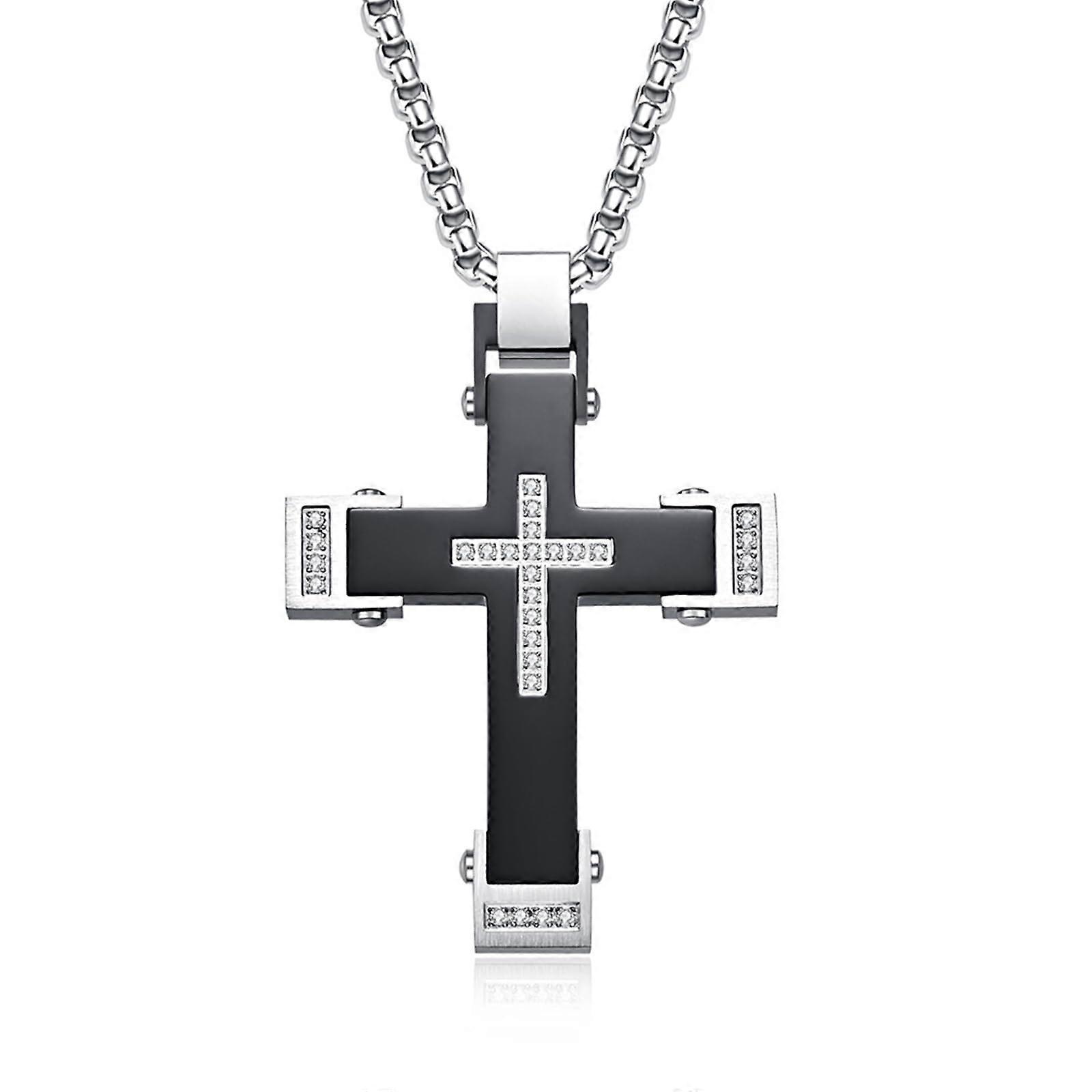 Chains for Men Cross Pendant Necklace, Surgical Steel with Nested Cubic Zirconia, Silver and Black Design for Men