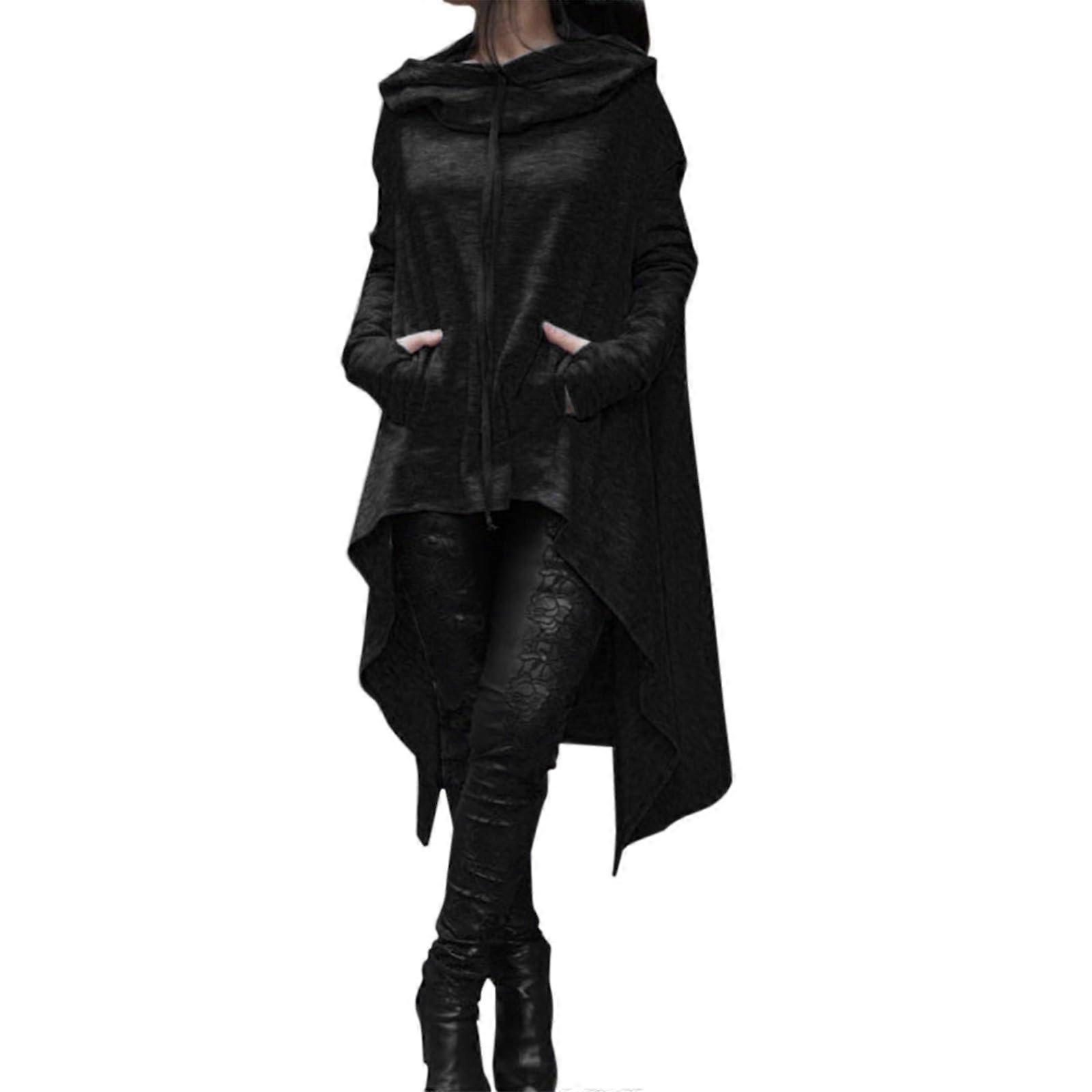 Women's Irregular Hoodie Long Pullover with Hood Elegant Print Pocket Drawstring Black 3XL