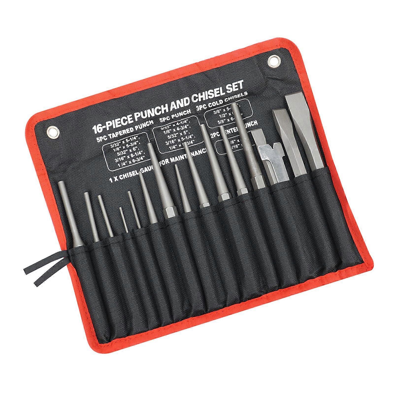 16-Piece Punch and Chisel Set, Conical-Tapered Punches, Dowel Pin Driver, Center Punch, Cold Chisel, For Metalworking and General Use
