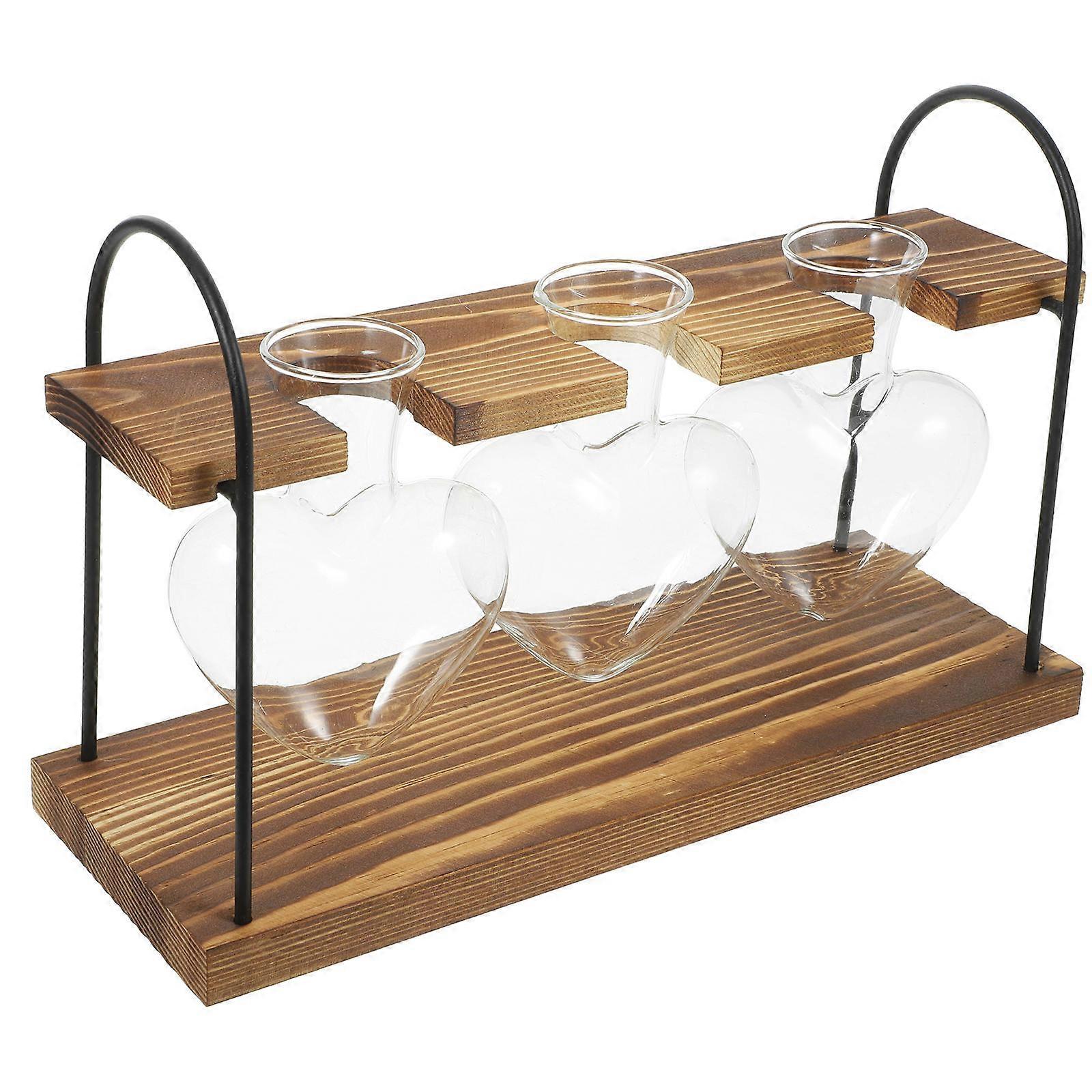 Heart Shaped Glass Vase with Wooden Stand for Hydroponic Plants Perfect for Flower Arrangement Light Brown 1 Set