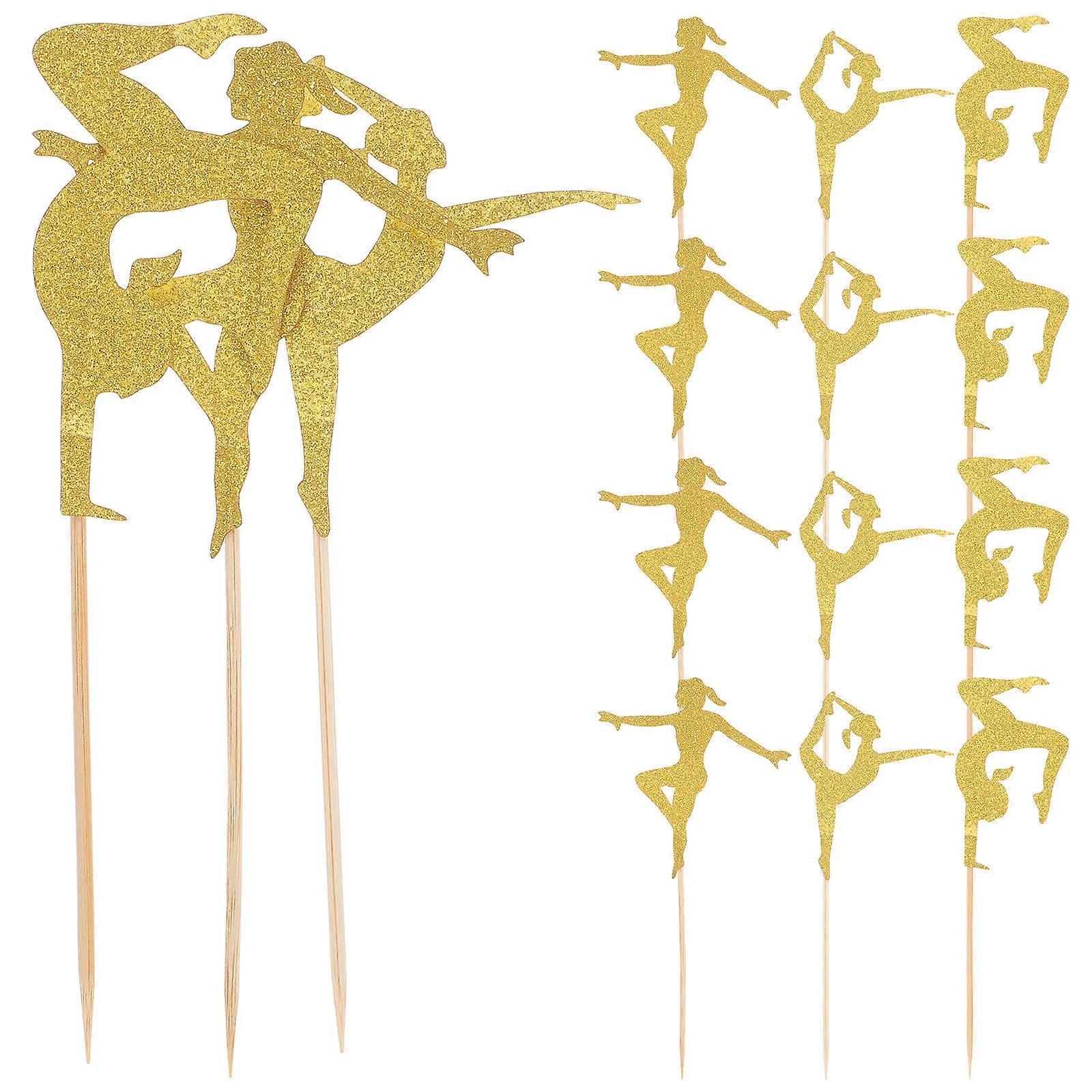 Parti Cupcake Toppers Altın Jimnastik Cupcake Topper 16.7x4.4cm Kağıt Ahşap Çubuk Dekorasyon 24 Adet