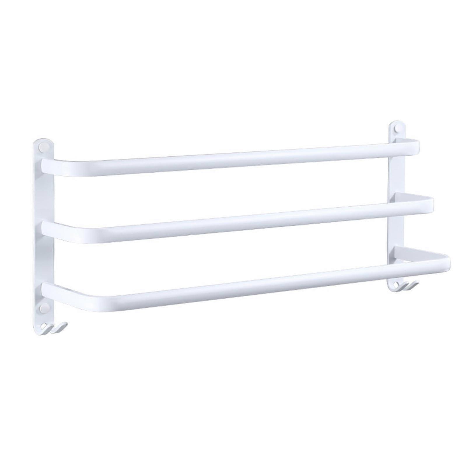 NoDrill Towel Rail, 3 Tier Aluminum, Self-Adhesive Wall Mounted, 70 cm Bathroom Towel Rack with Hooks, White