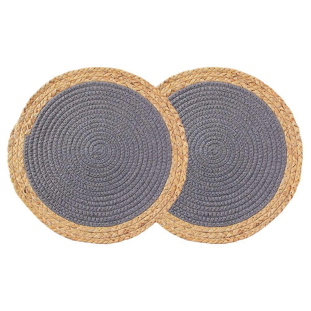 Heat Resistant Round Woven Placemat Table Mat for Restaurant Dining Dark Grey Cotton Rope and Gourd Grass with Heat Insulated Feature 2Pack